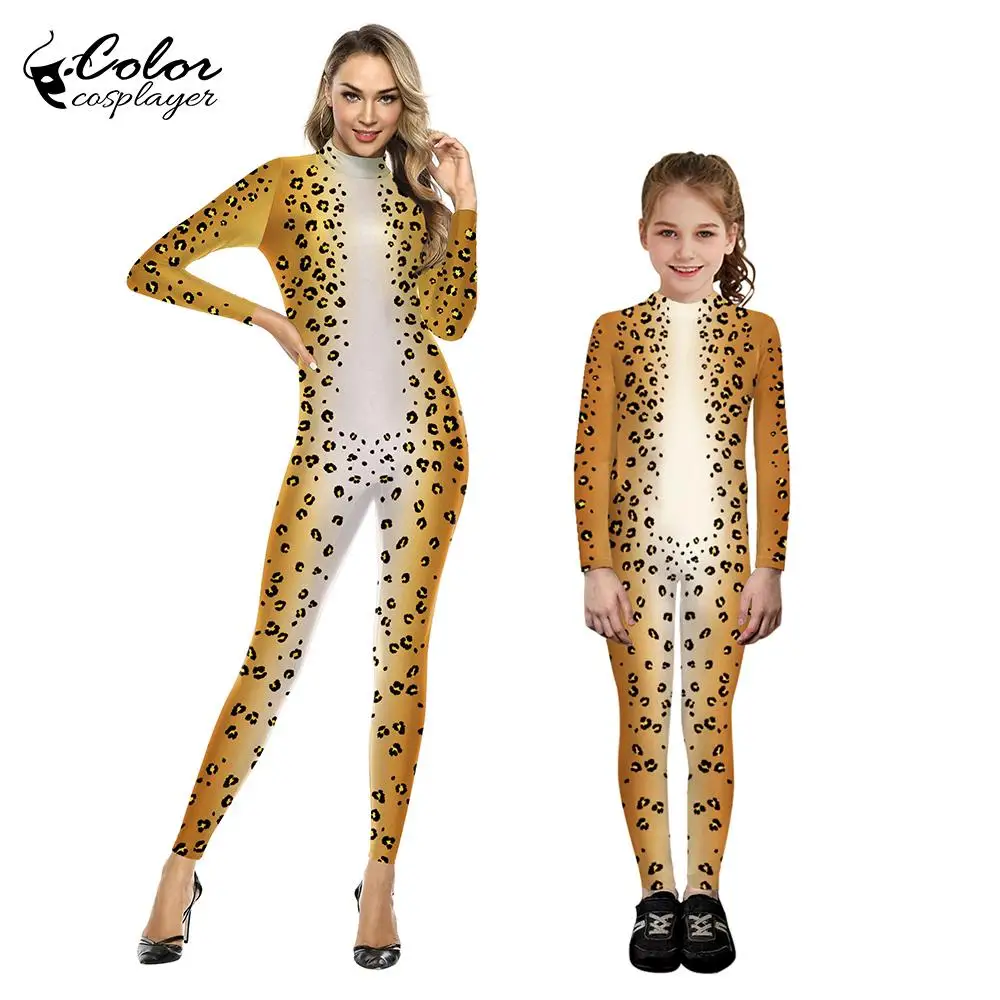 Farbe Cosplay Halloween Jumps uit Outfit 3D Digital Leopard Druck Cosplay Kostüm Eltern-Kind Spandex Catsuit Zentai Catsuit