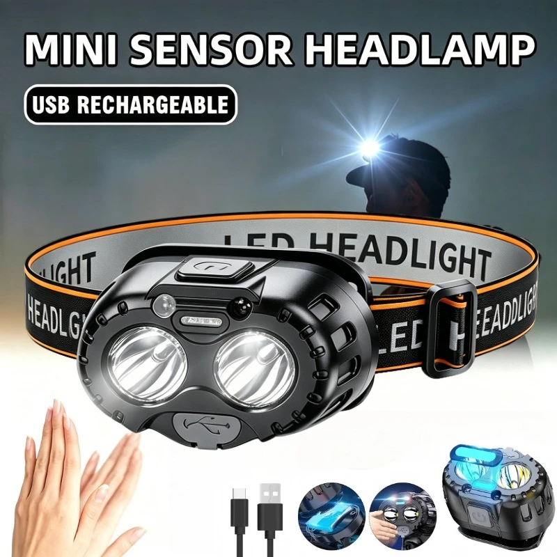 Mini LED Induction Headlamp Type-C Rechargeable Built-in Battery Torch High Power Outdoor Fishing Waterproof Emergency Lantern