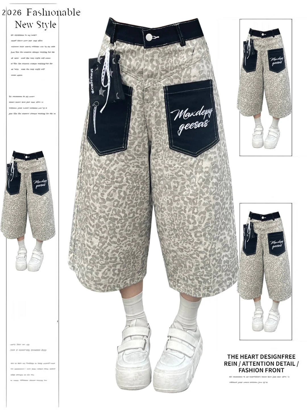 

Retro American Leopard Print Patchwork Pocket Blade Seven-Foot Jeans Women Summer New High Street Loose Jeans Shorts