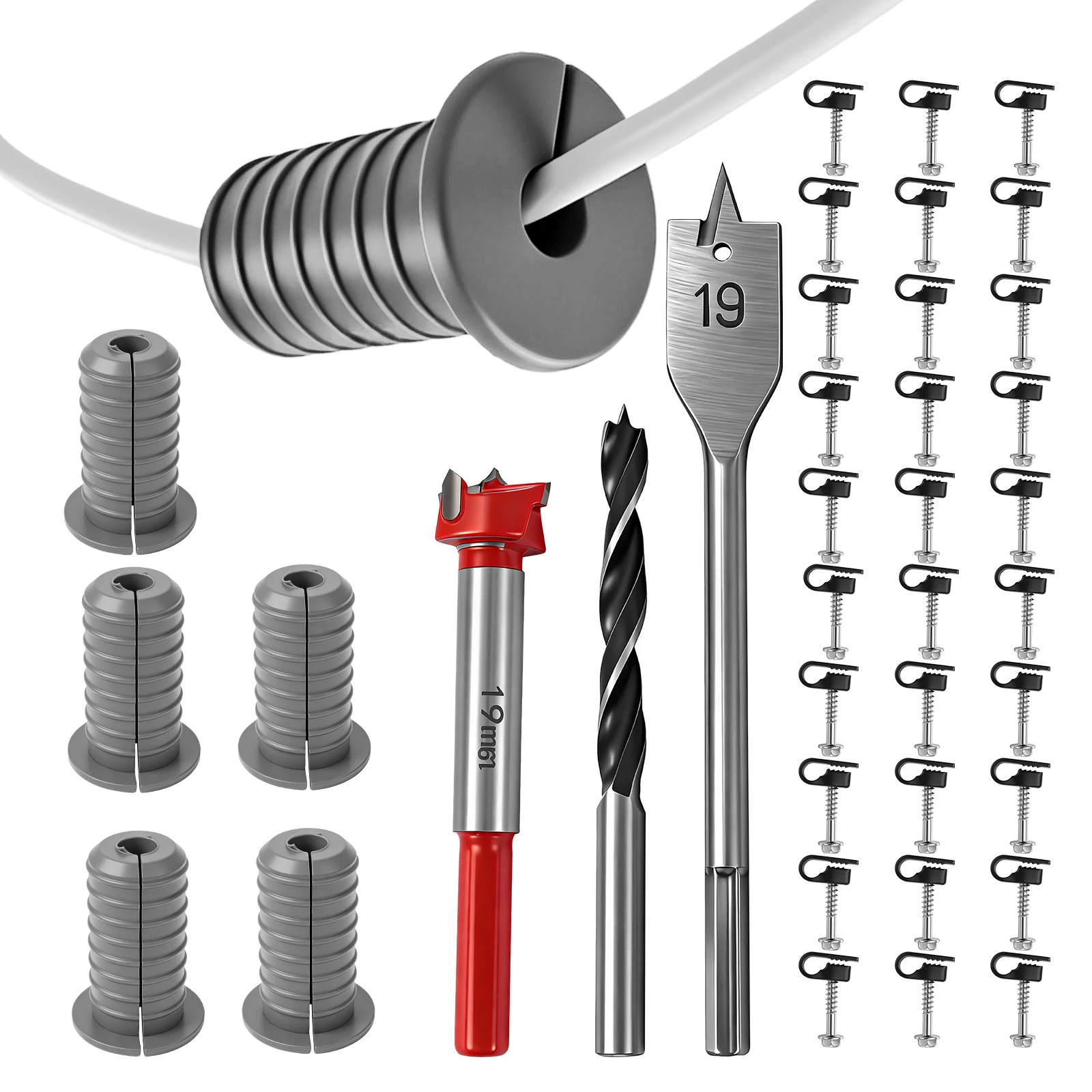 

39 Pcs Cable Routing Kit Cable Installation Kit Mounting Accessories Including 6 Grommet 3 Drill Bit and 30 Wall Clamp for Wall