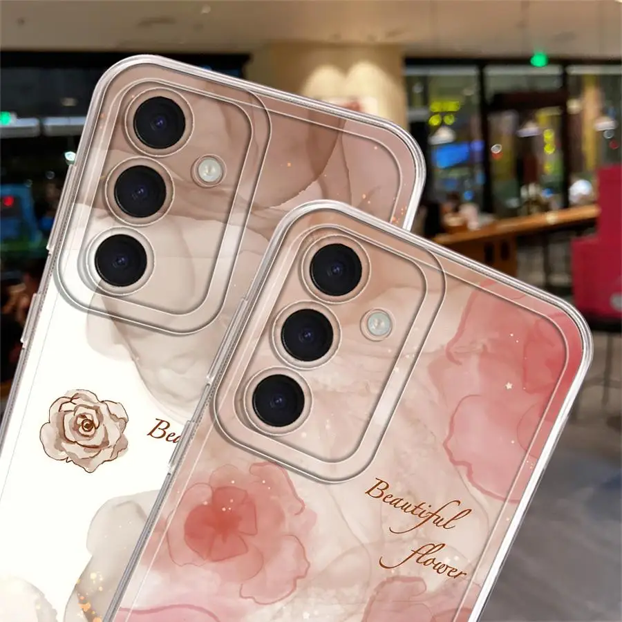 Phone Case for Samsung Galaxy A50 A51 A54 A50 A03 A31 A02 A55 A71 A04 A56 A52 A73 A06 A72 A05 A53 Clear Cover Ink-wash Flower