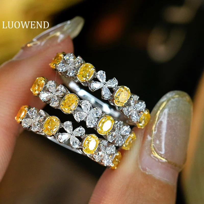 

LUOWEND 100% 18K White Gold Rings Luxury Classic Design Real Natural Yellow&White Diamond Cocktail Ring for Women Fine Jewelry