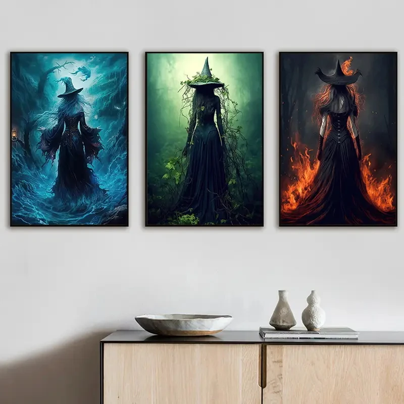 

3pcs/Set Witch Halloween Canvas Wall Art Poster Print, Art Mural, Suitable for Bathroom and Living Room Wall Home Decoration
