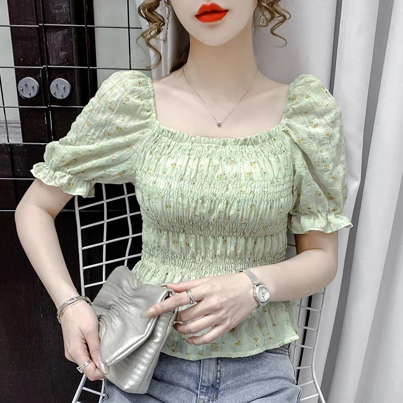 Fashion Puff Sleeve Vintage Summer Blouses Women 2024 Casual Floral Printed Short Crop Tops Korean Sexy Chiffon Blouse Blusas