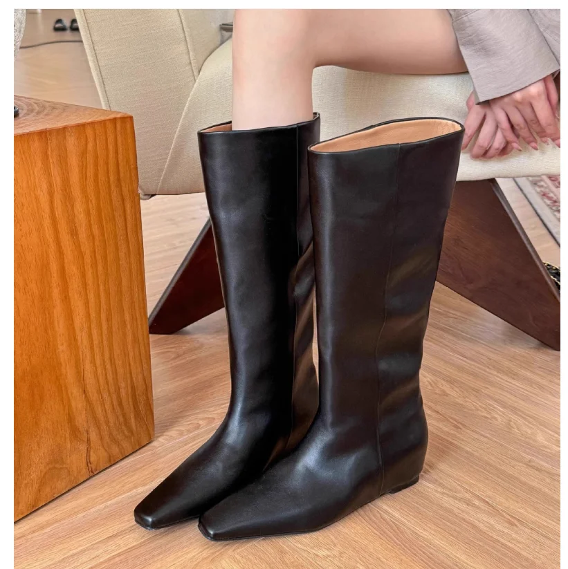 AIYKAZYSDL بولي Leather الجلود حذاء برقبة للركبة Hidde إسفين كعب الأحذية الحديثة الغربية فارس دراجة نارية ركوب الحذاء حذاء مسطح غير رسمي #5