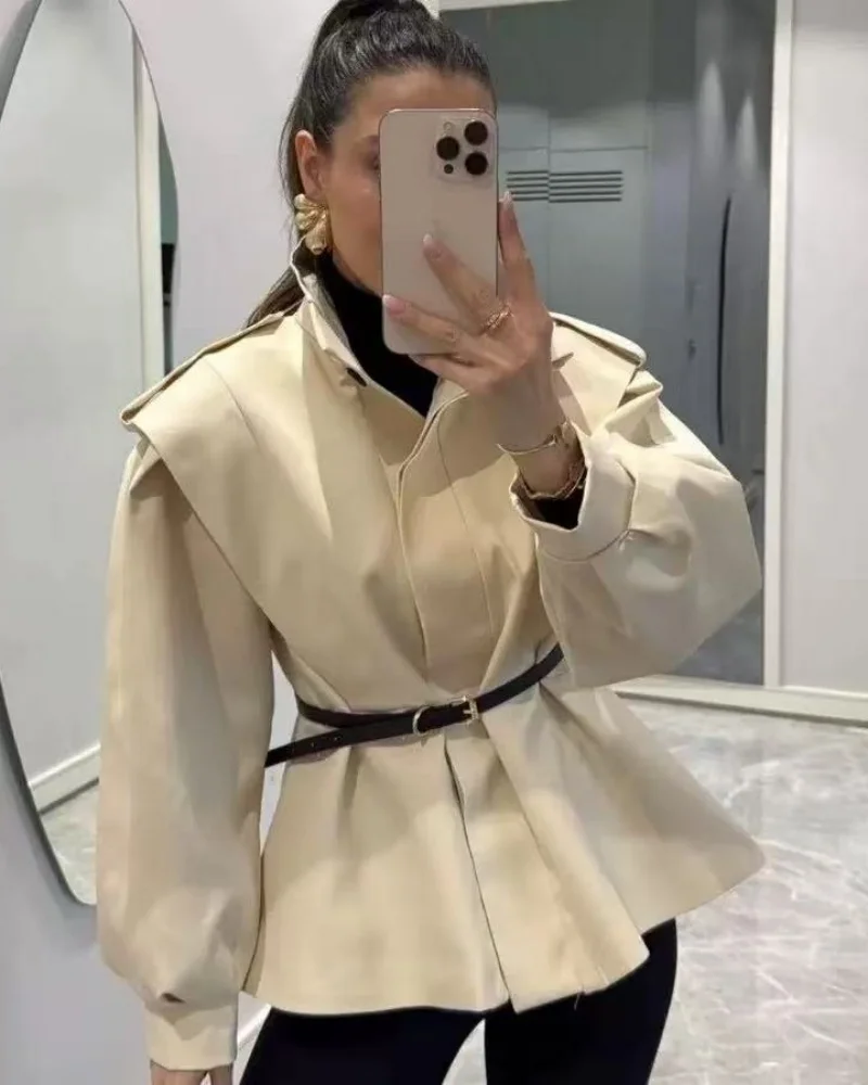 women's trench coat 2026 Autumn New European and American Style Solid Colour Stand Collar Slim Belted Trench Coat