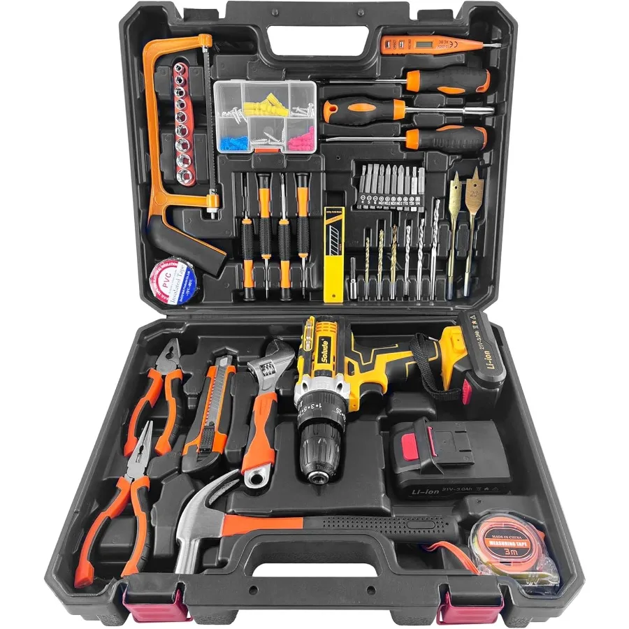 21Vコードレス電動ドリルツールボックス付きツールセット、バッテリー2個と基本的な手工具付き電動ドリルドライバー