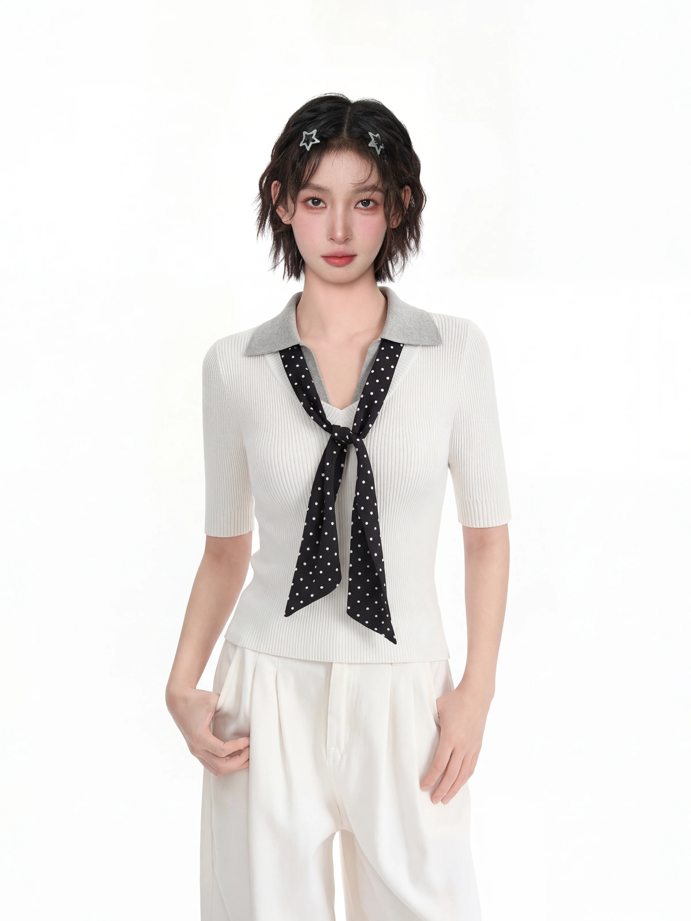 White Fake Two-Piece  Neck Short Sleeve T-Shirt Women Summer Shoulder Line Splicing Slim Fit Short Length Half Sleeve Top
