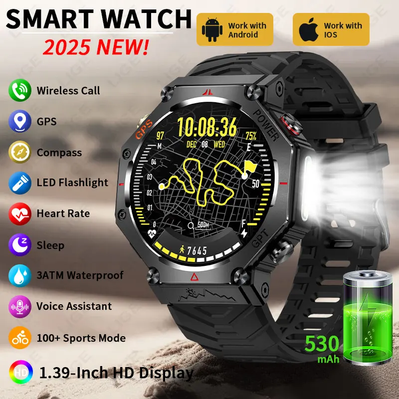 

LIGE 2025 New GPS Position Smartwatch For Men 530mAh Bluetooth Call Compass LED Flashlight 3ATM Waterproof Millitary Smartwatch