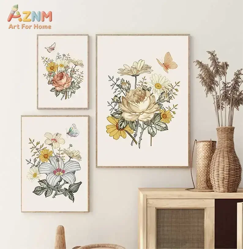 AZNM Vintage Floral Butterfly Canvas Print Peony Daisy Wildflower Sketch Neutral Beige Botanical Cottagecore Unframed Wall Poste