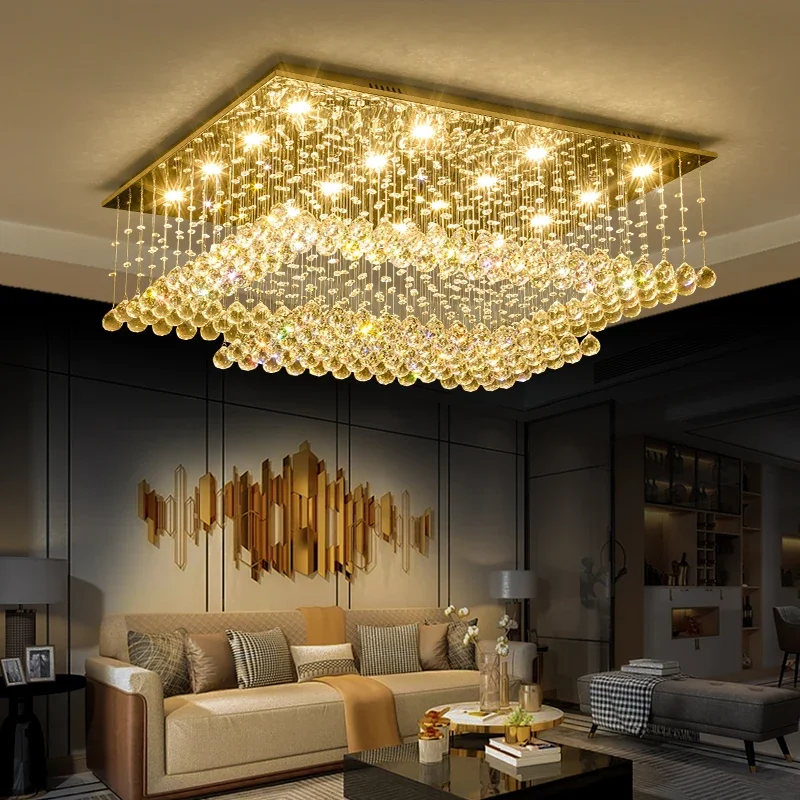 Luxury Square Crystal Ceiling Light, Gold Large Flush Mount Chandelier with K9 Crystals Hotel Home Decor Lighting Fixture