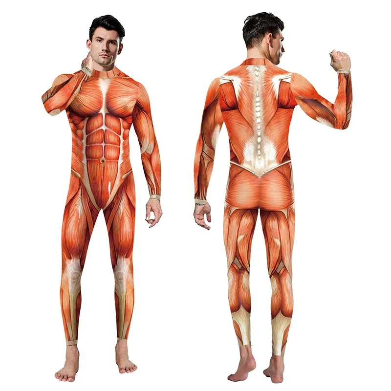 Adult Halloween Party Cosplay Costume 3D Muscle Printed Jumpsuit Elastic Human Anatomy Body Bodysuit Men Women Catsuit Clothes