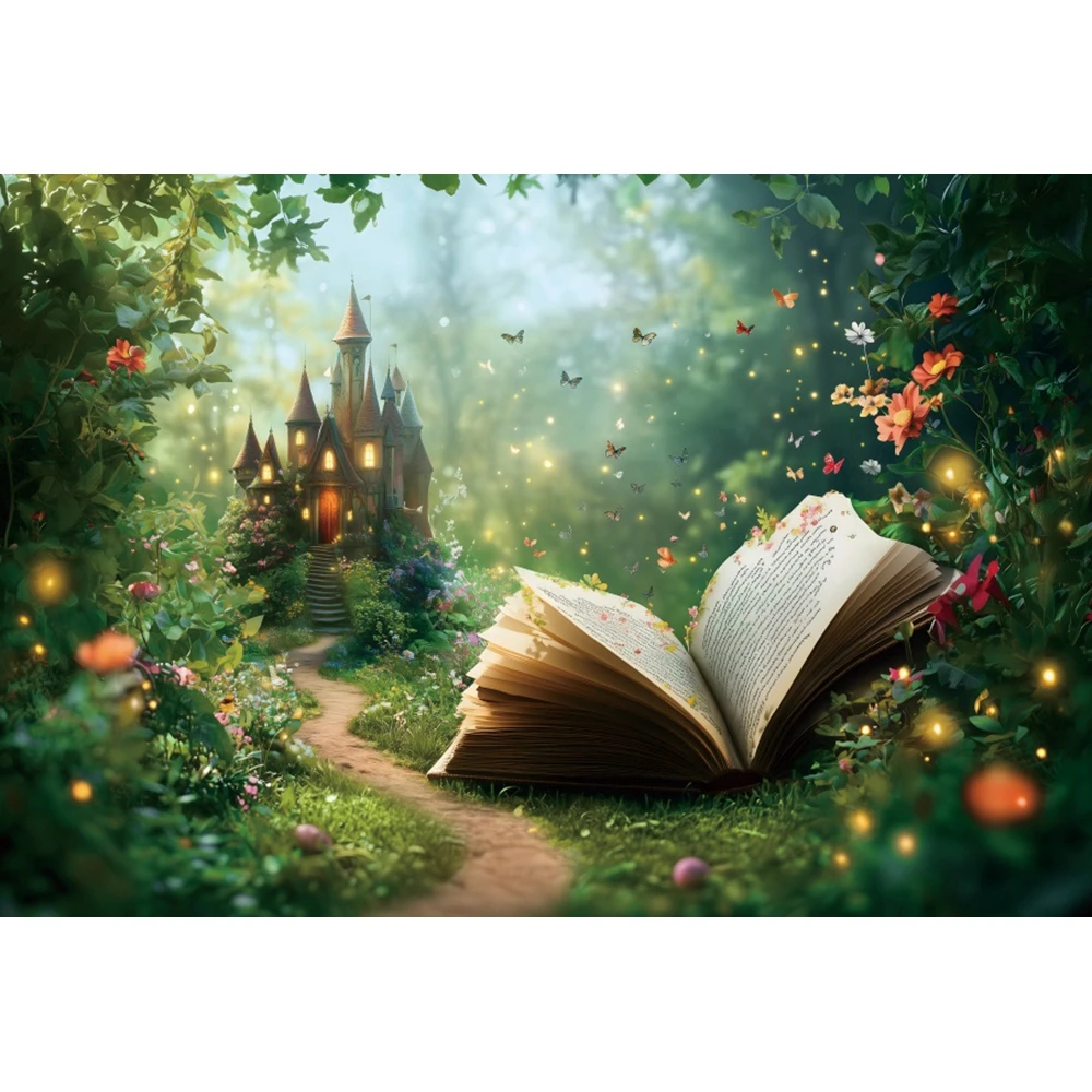 Dreamy ฤดูใบไม้ผลิการถ่ายภาพฉากหลัง Fairy Tale สีเขียวป่าปราสาทหนังสือผีเสื้อเห็ด Party Decor Portrait Photo Props