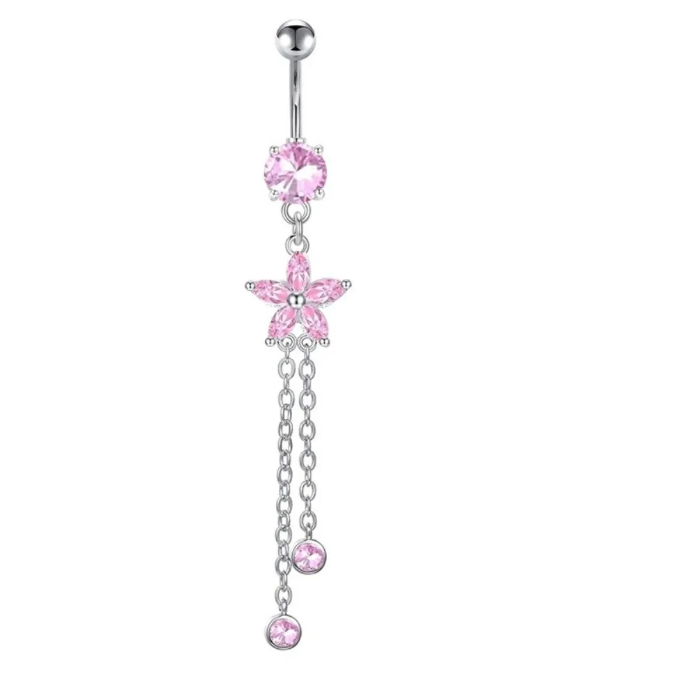 Fashion Flower Zircon Navel Ring Stainless Steel Colorful Belly Button Ring Hip Hop Rhinestone Body Piercing Jewelry Women