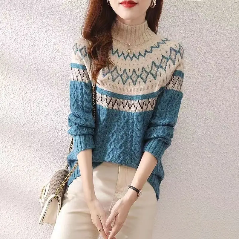 Pulover wanita lengan panjang, Sweater atasan kasual mode Vintage longgar geometris benang sekrup lengan panjang leher tinggi setengah pulover musim gugur dan musim dingin