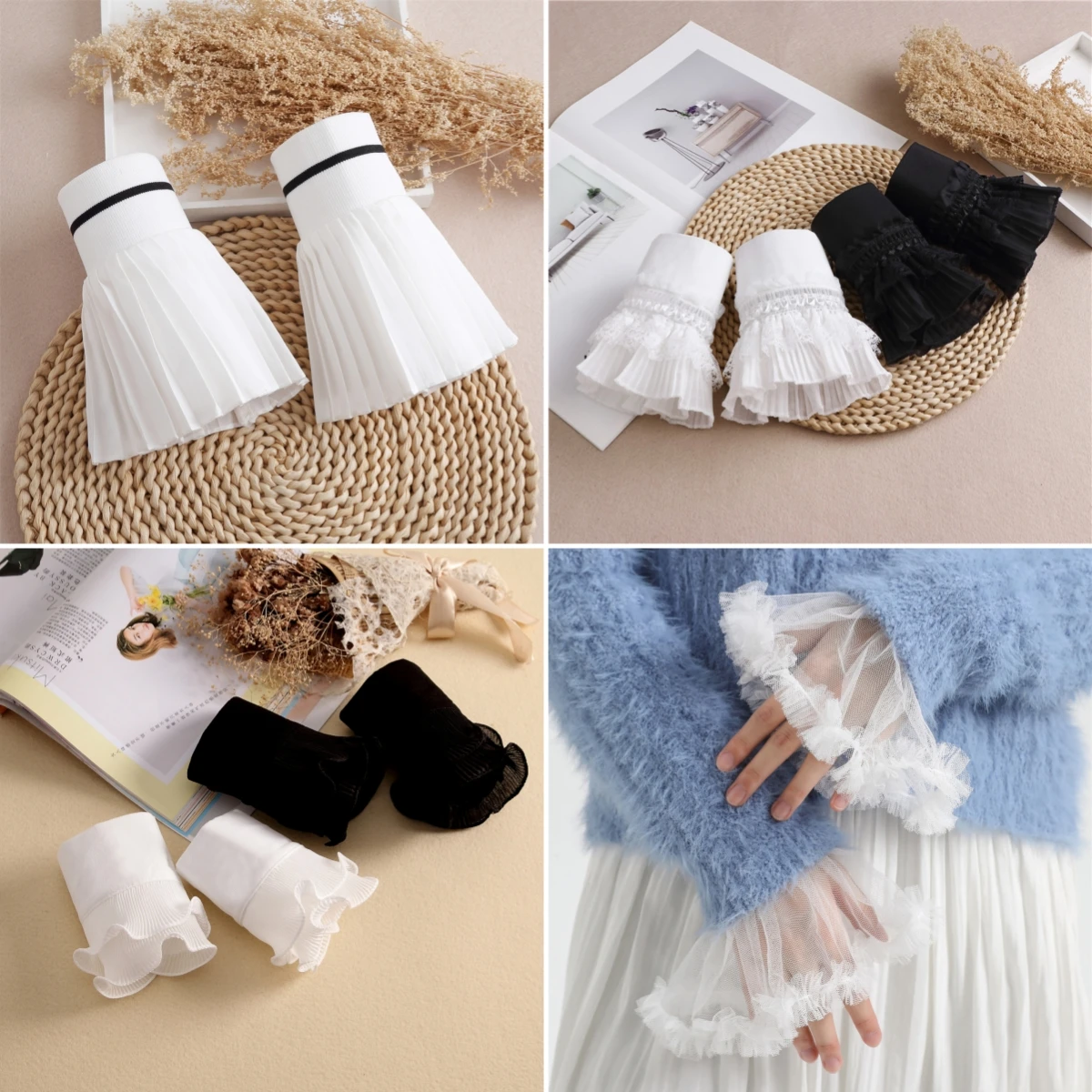 1 Pair Women Lace Cuff Sleeves Gauze False Cuffs White Elastic Sleeve Cuffs Detachable Blouse Wrist Warmers Cuffs For Clothes