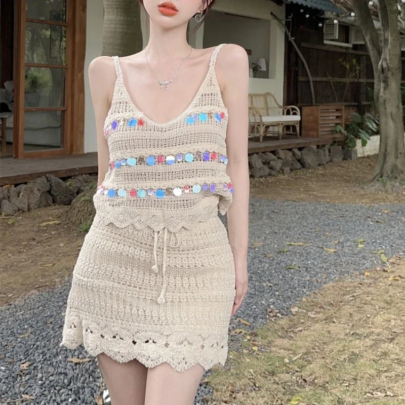 Bohemian Style Women Dress Sets Holiday Hollow Out Sleeveless Summer Harajuku Breathable Prevalent Vitality American Drawstring