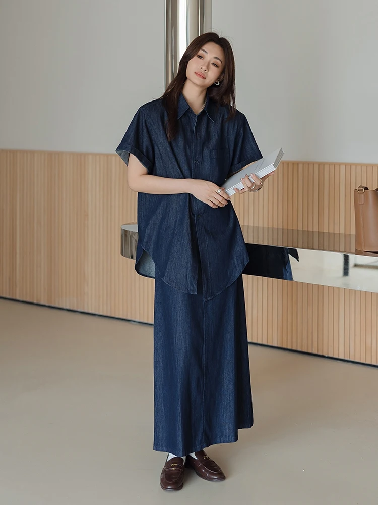 

Blue Soft Denim Casual Loose ort Sve irt Long Dr Women's Faion Set Thin Model Small Size Summer Wear
