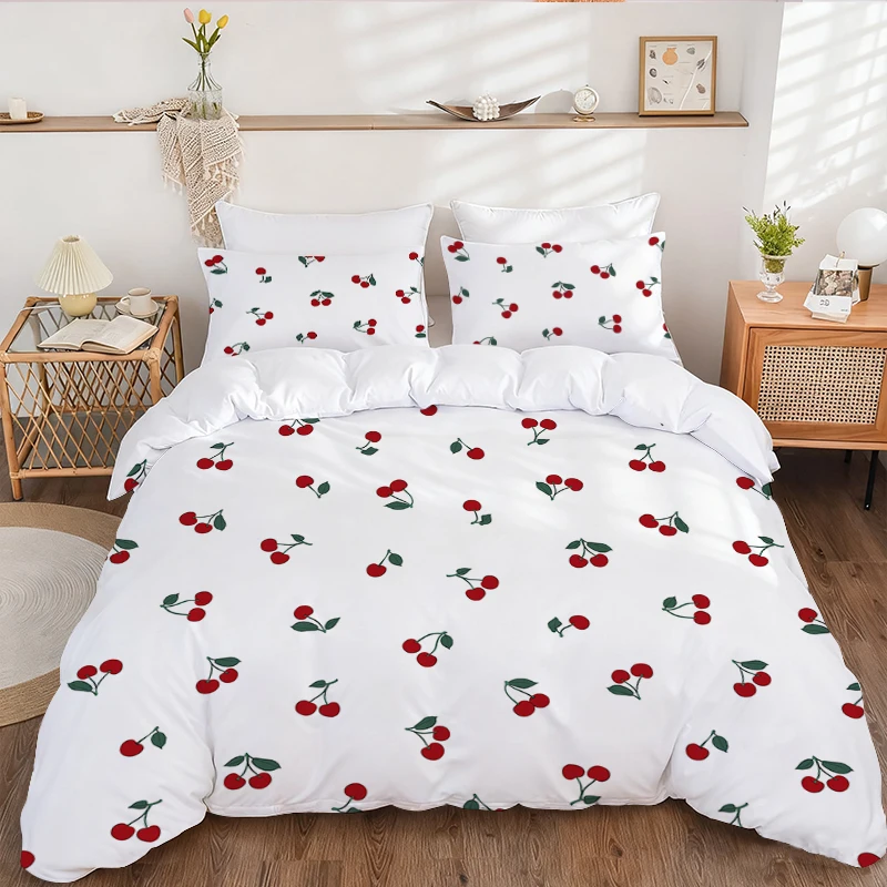 Juego de funda nórdica de cereza blanca con fondo rojo de 3 piezas con patrón de estampado de frutas (1 funda nórdica + 2 fundas de almohada), suave al tacto