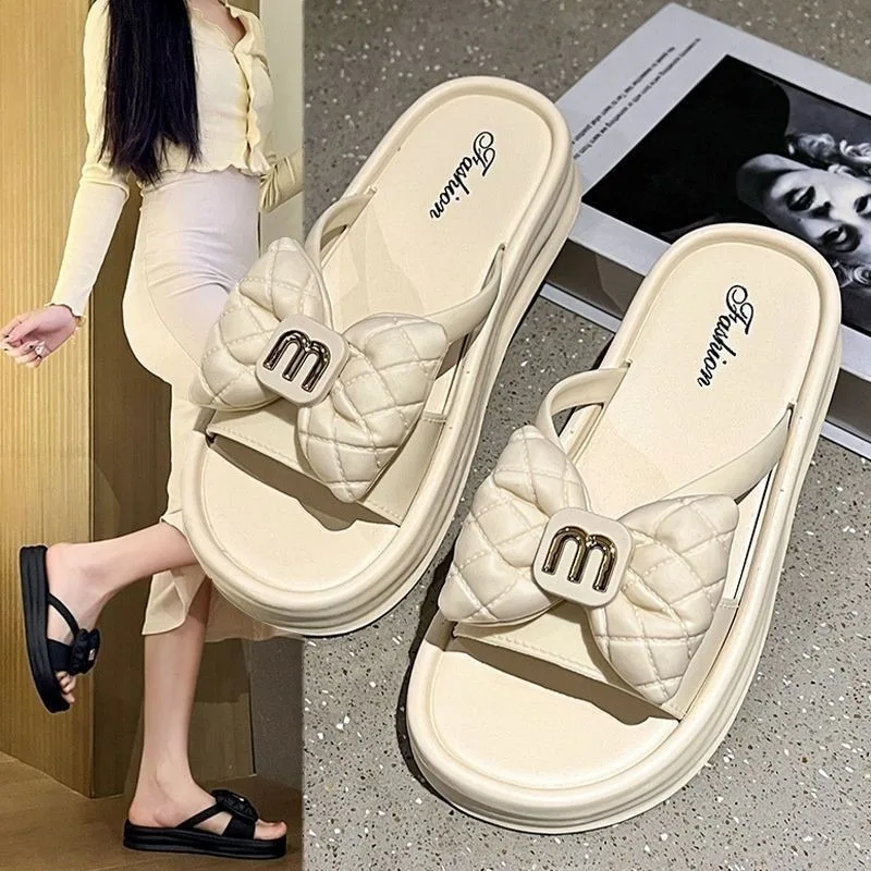 Women Wedge Slippers Summer New Fashion Wedge Thick Sole Open Toe Thick Sole Outdoor Flip Flop Women Beach White Bow Slippers