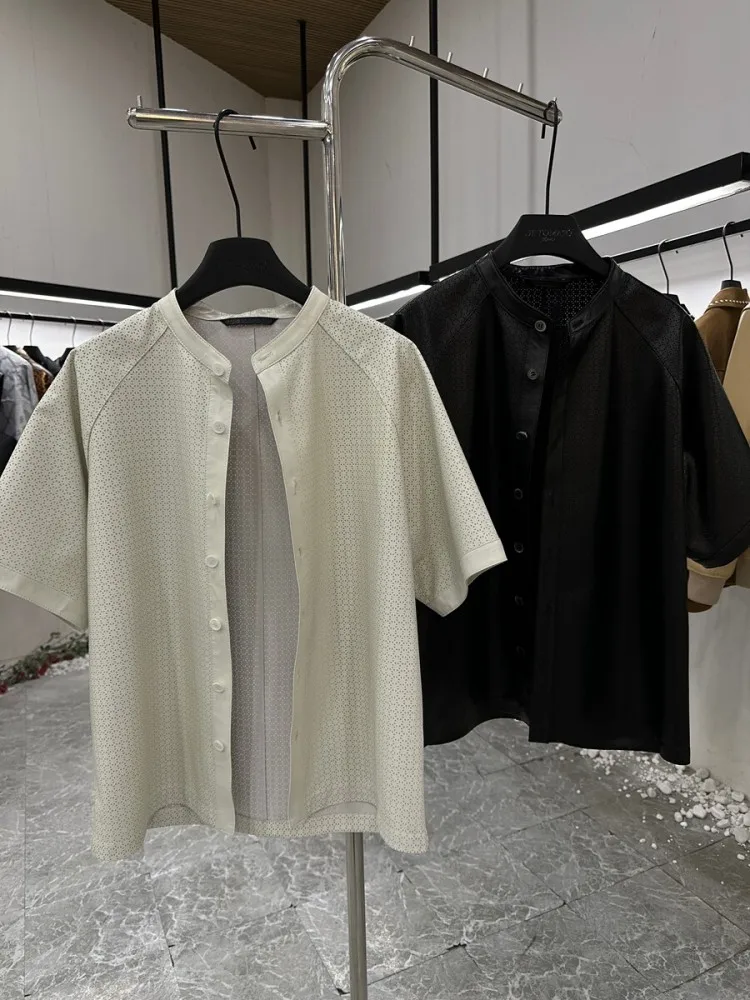 Mens Genuine Leather Shirt Loose Fit O Neck High Quality Real Sheepskin Summer Hollow Out Breathable Short Sleeve Shirts Tops