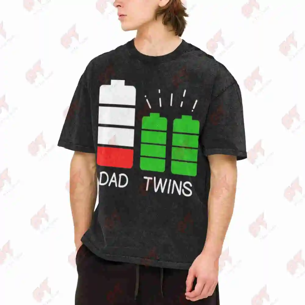 Twin Daddy Low Battery Dad Humor Vintage Washed Tee Pure Cotton T-Shirt