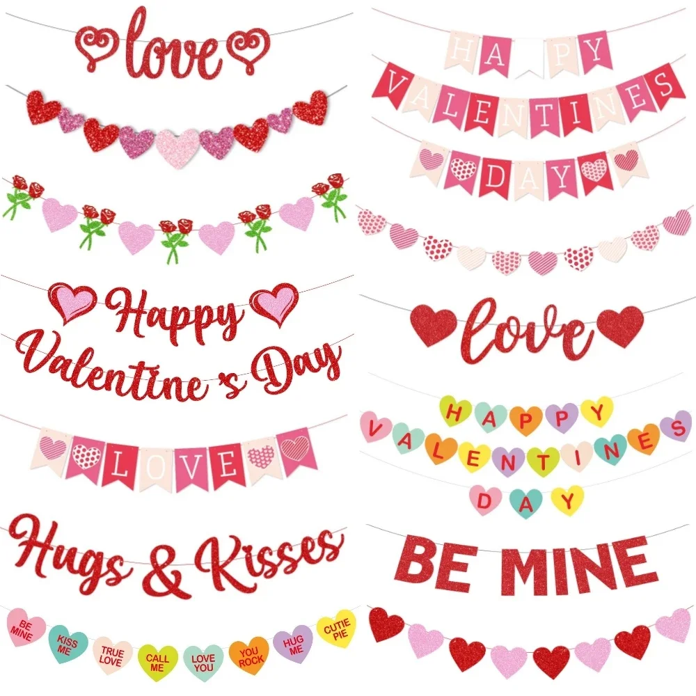 Valentine Day Hanging Banner Garland Bunting Red Love Heart Paper Banner Door Hanging Ornament Wedding Birthday Party Decoration