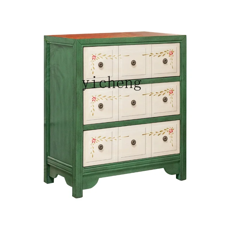 

ZK Three-Bucket Cabinet Solid Wood Storage Cabinet Living Room Corner Curio Cabinet Green Bedside Table Retro Painted Furniture