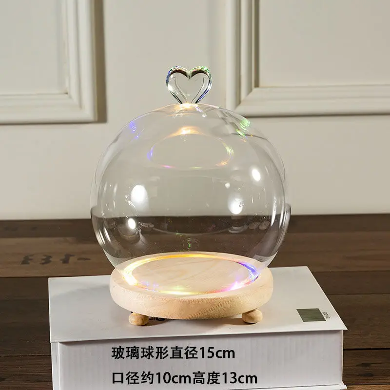 2sets/pack Diameter=15cm Heart Top Round Glass Dome Vase Home Decoration Different Luminous Log Base Cover DIY Gift Wedding Prop