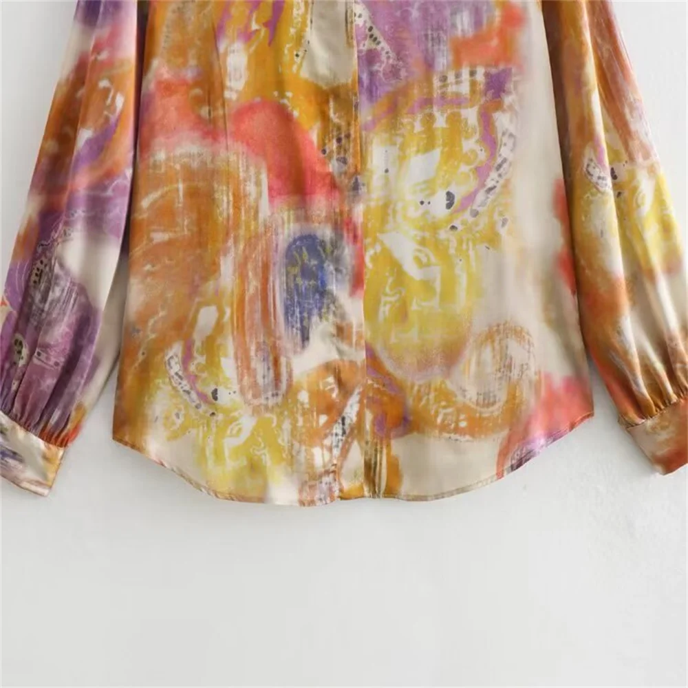 2024ZARSpring/Summer New Women\'s European and American Style Layered Tone Printed Silk Satin Texture Shirt