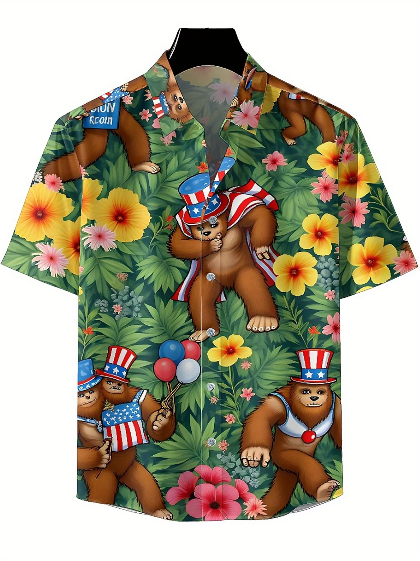 Men's Plus Size Hawaiian Shirts Sasquatch Celebrates The US Independence Day pattern, Casual Top, Suitable for Outdoor and Party