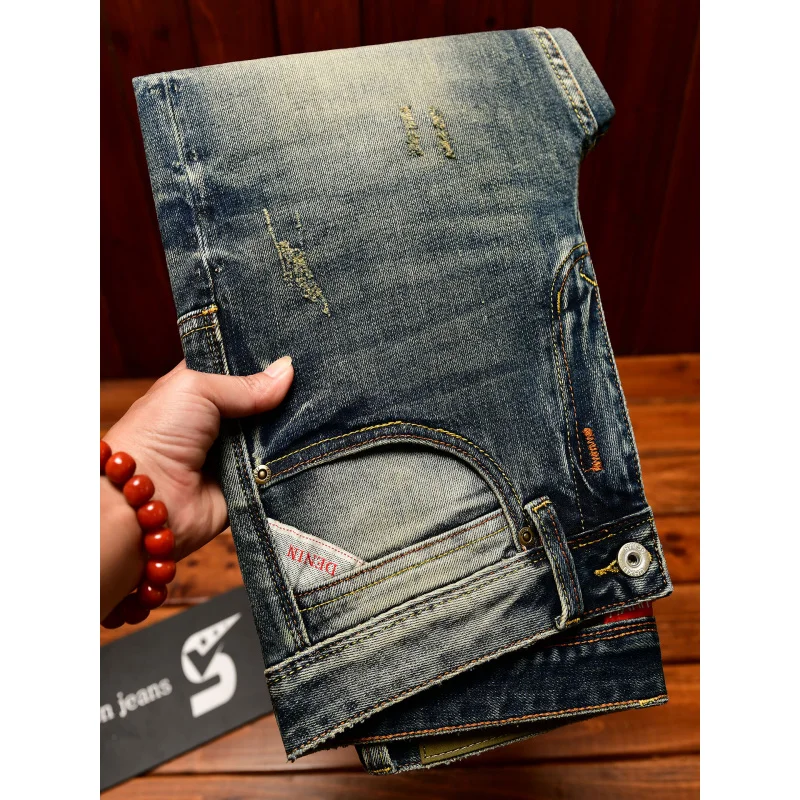 

Уличная мода ностальгические джинсы мужские эластичные облегающие модные брендовые элитные тяжелые потертые джинсовые брюки