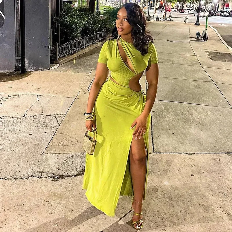 Elegantes weißes, figurbetontes Maxikleid für Frauen, Ausschnitt, O-Ausschnitt, hoher Schlitz, geraffte Taille, sexy Slim-Fit, Abend-Club-Outfit 2025,