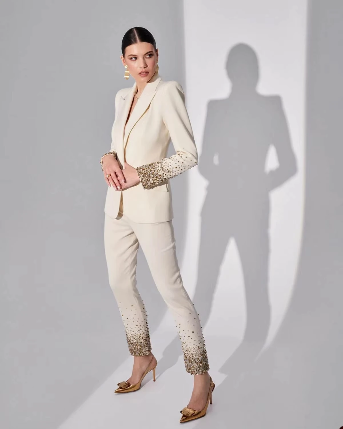 Customized Women Colorful Beads Pants Suit Sets Beige Formal Office Lady Slim Prom Birthday Jacket Coat Plus Size 2 Pieces