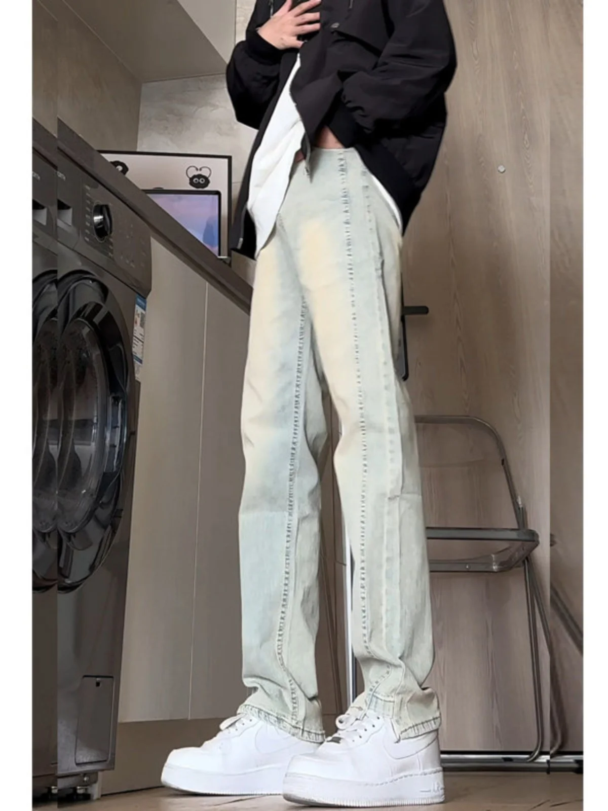 

Yellow Clay Men's Straight Leg Stretchy Casual Jeans American Retro High Street Vibe Long Trousers Autumn New Sle Cotton El...