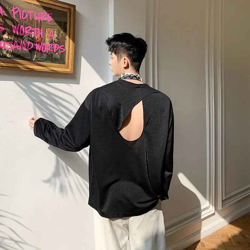 Men's Glitter Shiny Fabric Backless Long Sleeve T-Shirt, Solid Color Crew Neck Casual Streetwear Loose Top for Trend Mew Fashion