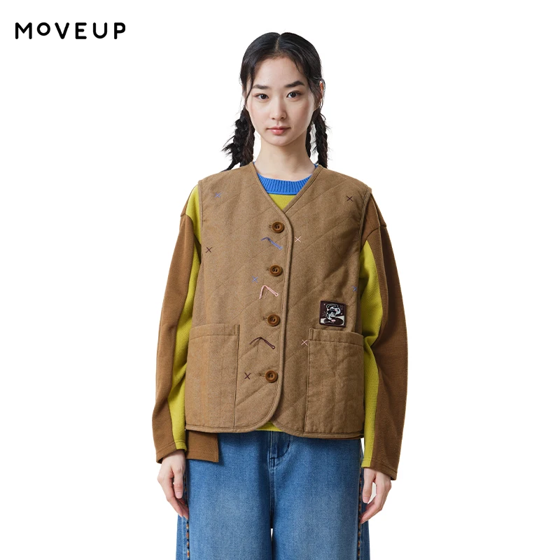 MOVEUP Women's V Neck Cotton Vests 2026 Autumn Rhombus Webbing Label Patch Pocket Sleeveless Warm Casual Waistcoat 3ELQ21003