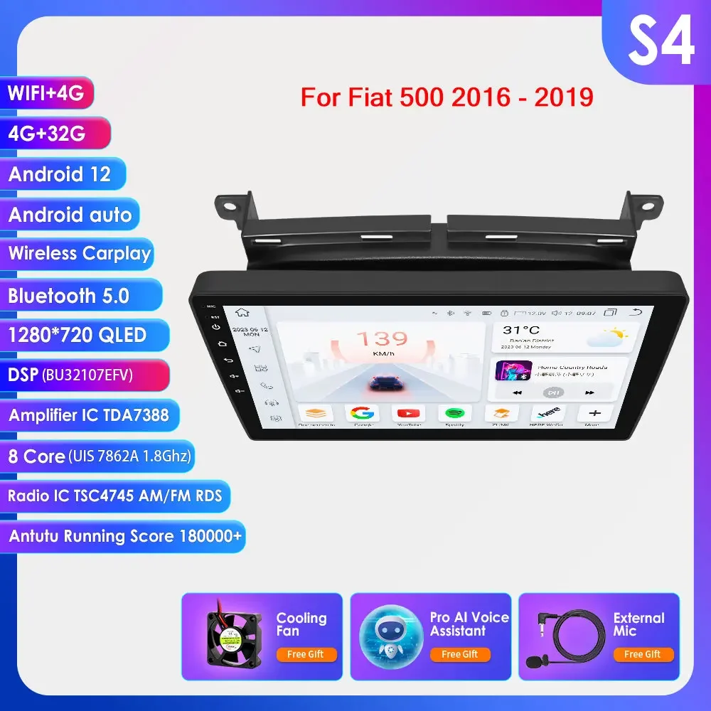 Hizpo 9 ''Draadloze Carplay Android Auto Auto Multimedia Speler Voor Fiat 500 2016 2017 2018 2019 Carplay 4G Autoradio 360 ° Camera
