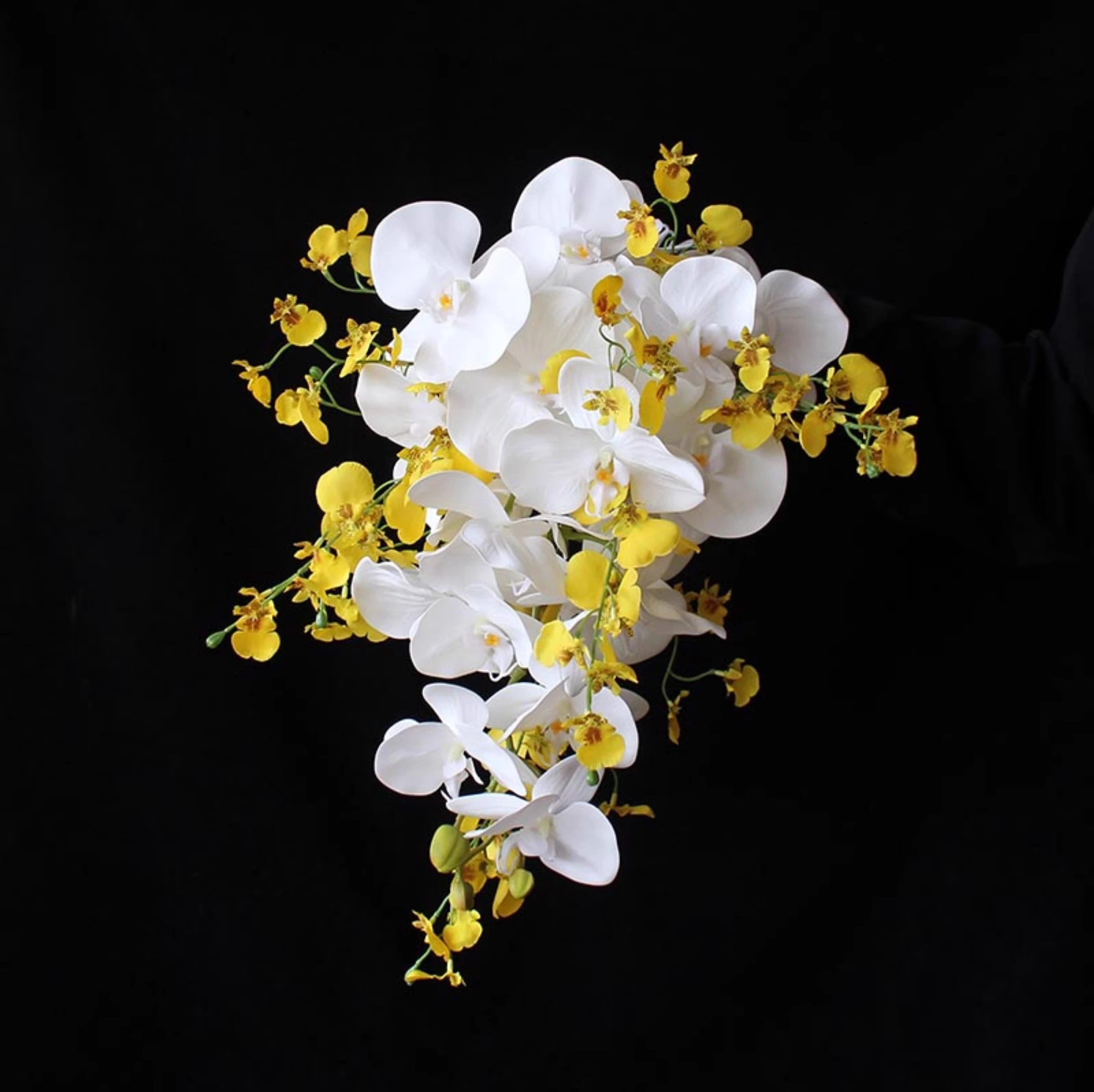 JaneVini Elegant Yellow White Waterfall Bridal Bouquets Artificial Silk Flowers Cascading Moth Orchid Bride Wedding Fake Bouquet