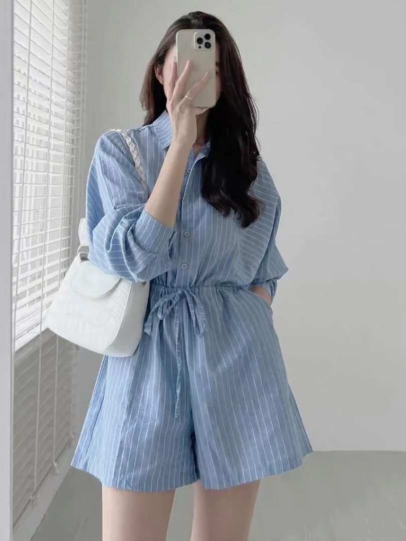 Chic Autumnal Slimming Drawstring Waist Striped Wide Leg Jumpsuit Shorts Women's Fashion Korean Style Casual Versatile Clothing