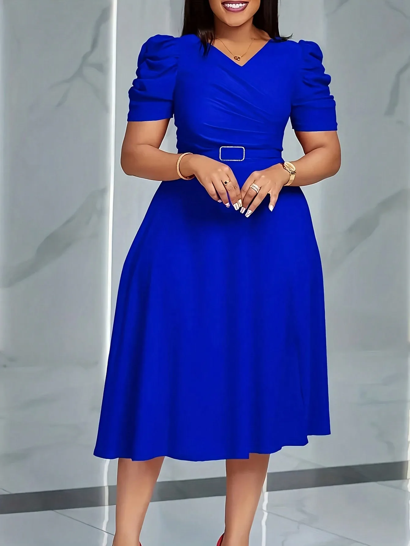 

Women's Royal Blue V-Neck Puff Sleeve Midi Dress with Belt, Elegant Spring Summer Style