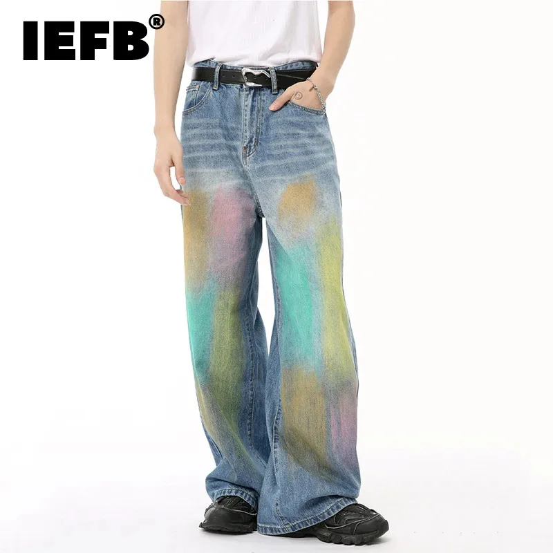 

IEFB High Street Men's Jeans Colorful Graffiti Contrast Color Straight Bottom Wide Leg Casual Male Denim Pant Tide Summer 9C6609