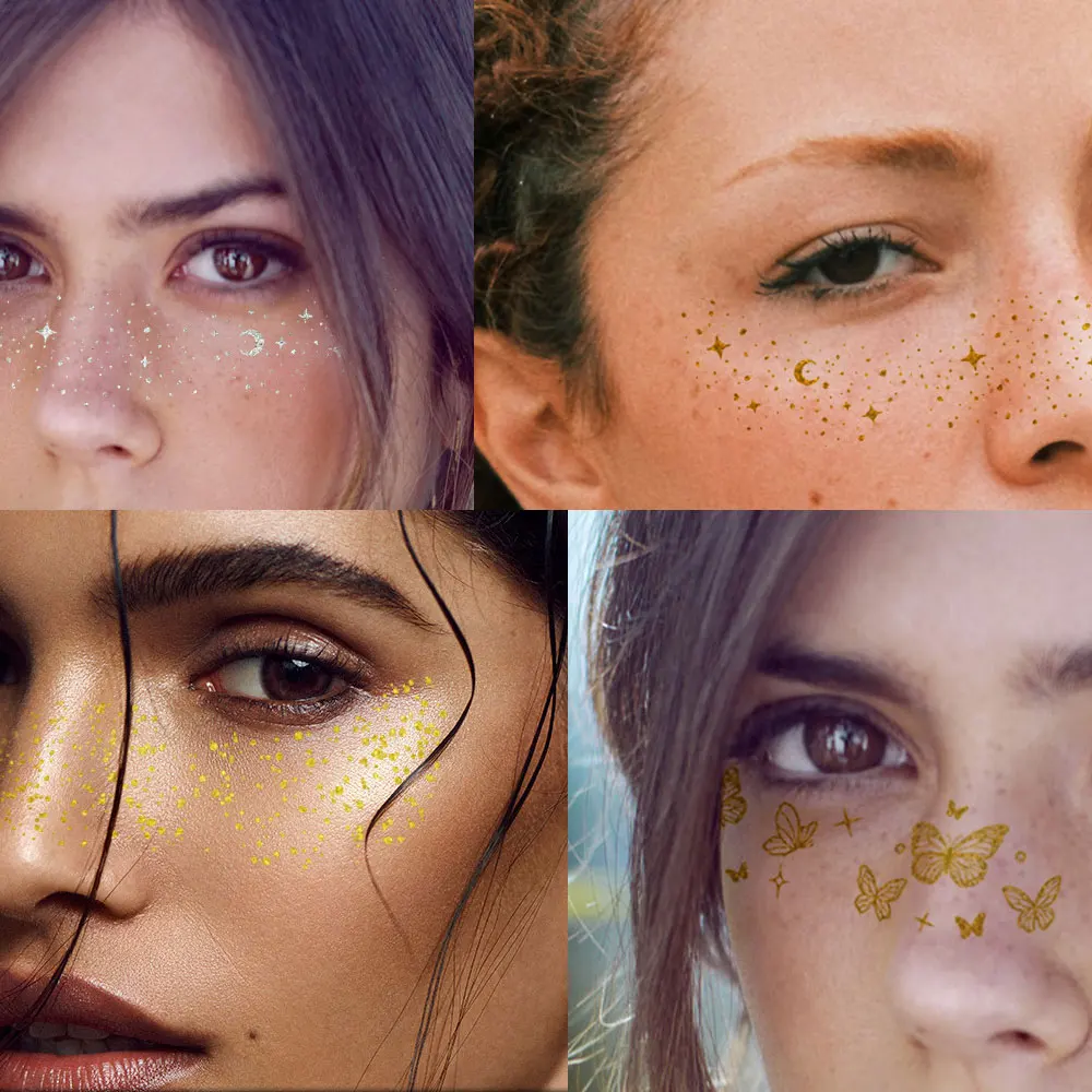 6pcs Glitter Freckle Facial Tattoo Patch Waterproof Gold Silver Fake Freckle for Women Face Makeup Festival Party Body Art