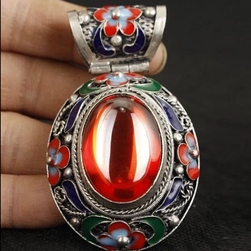 Exquisite Chinese Tibetan Silver Cloisonne Fower Inlaid with Artificial Orange Zircon Pendant