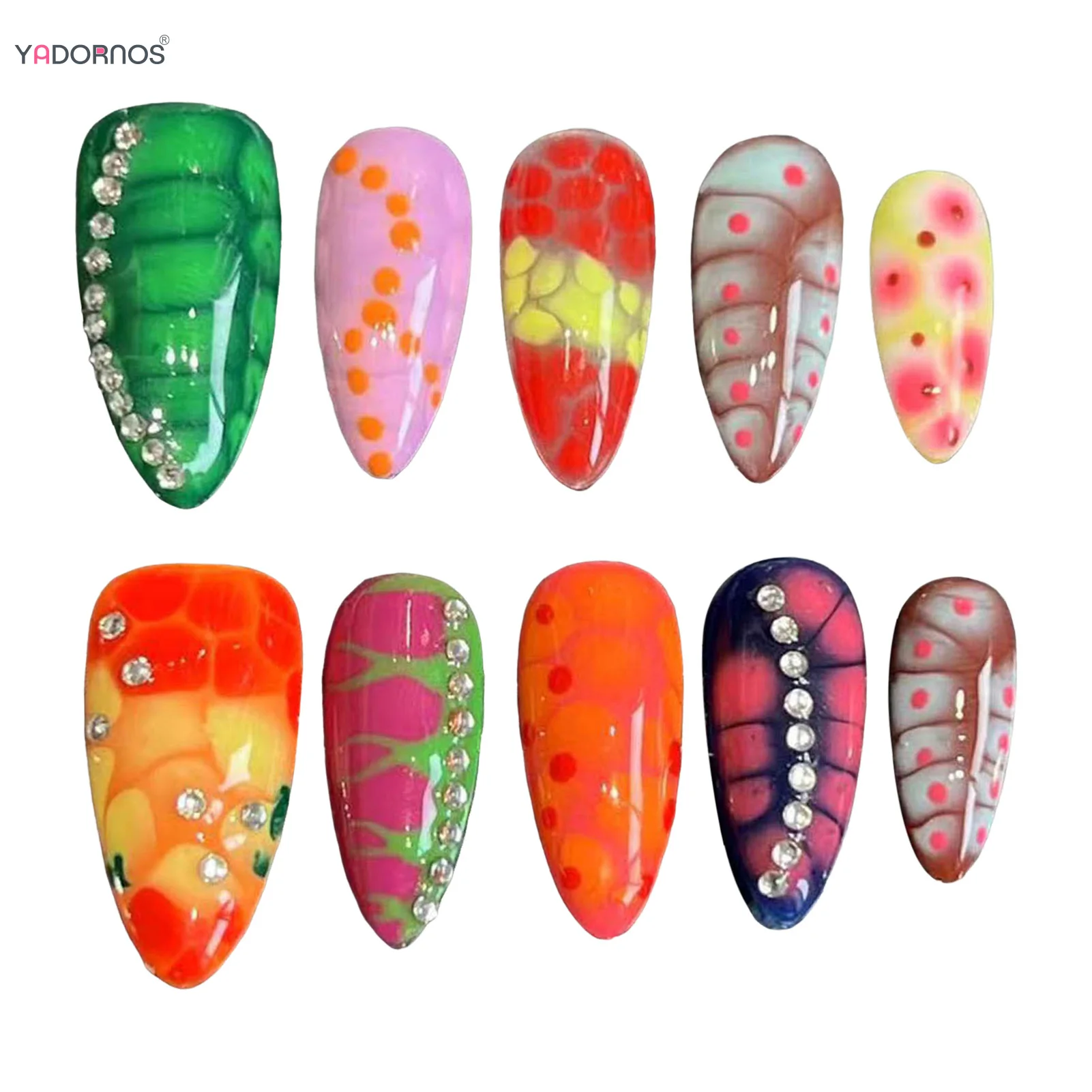 بقع أظافر مزيفة مصنوعة يدويًا مع ديكورات ماسية فلاش ، تباين الألوان ، طباعة ثعبان ، اللوز ، اضغط على الأظافر ، 10 * *