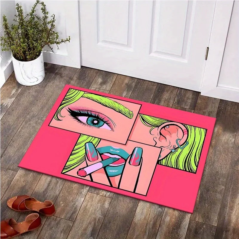 Felpudo con diseño de chica estilo pop art, alfombra de entrada de color rosa con motivos cómicos, felpudo con caras divertidas, alfombra antideslizante para la sala de estar, elemento decorativo moderno para el hogar.