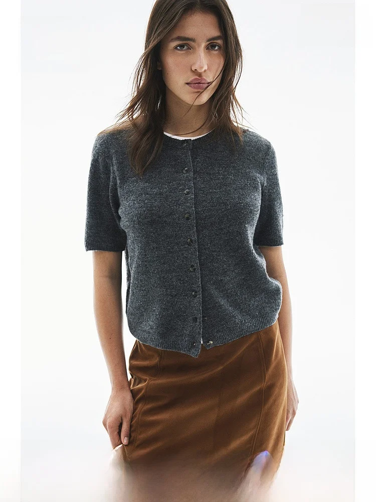 

H&M Women's Knitted ort Sve Cardigan round Ne Ribbed Slim Fit Autumn Faion Polyester Acrylic Wool Spandex Blend