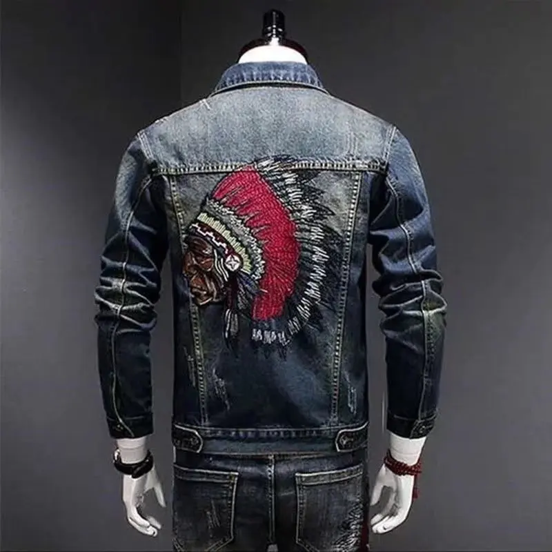 Man Trend Embroidery Lapel Jacket Locomotive Handsome Coat American Style High Street Fashion Outwear Casual Streetwear Tops