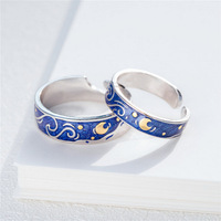 Romantic Star Moon Couple Rings Blue Starry Night Rings For Women Man Lovers Promise Engagement Wedding Ring Art Jewelry