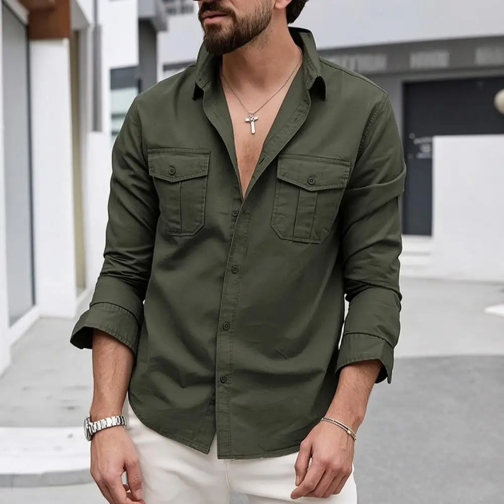 Men's Long Sleeve Button Down Shirt, Casual Lapel Shirt with Chest Pockets, Regular Fit Loose Shirt for Daily Office Holiday